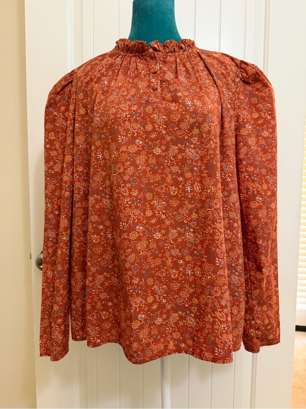House of Harlow 1960 Rust Floral Ruffled-Neck Long Sleeve Blouse Sz XL